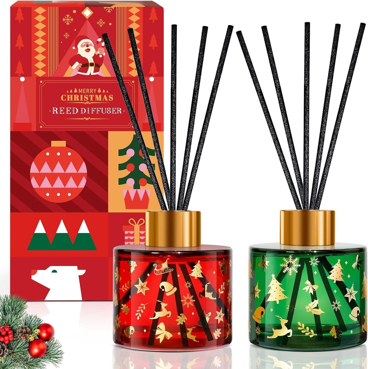 Verfrissende Geur voor Thuis en Kerstdecoratie, Set van 2 x 100ml Luchtverfrisser en Geurvaas voor Badkamers en Woonkamers