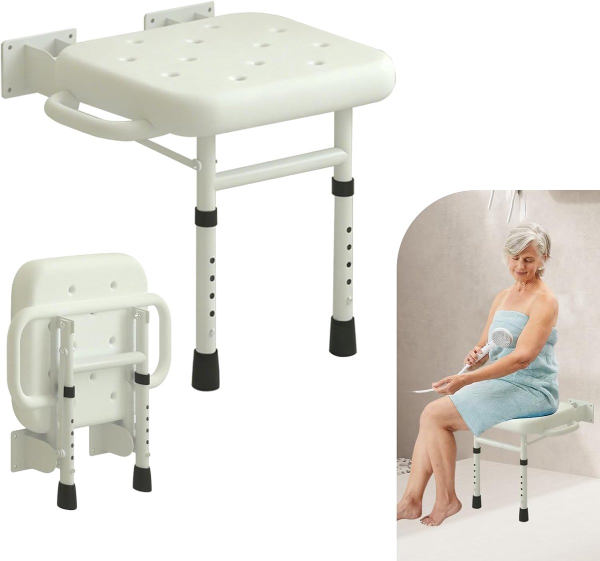 Opklapbare Douchestoel - Wandmontage Stoel - Veilig Douchen - Ruimtebesparend Opklapbaar - 39-50 cm - Wit