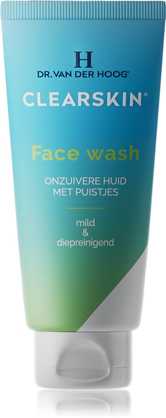 Dr. van der Hoog ClearSkin Face Wash, een tube gezichtsreiniger met blauwgroene gradiënt.