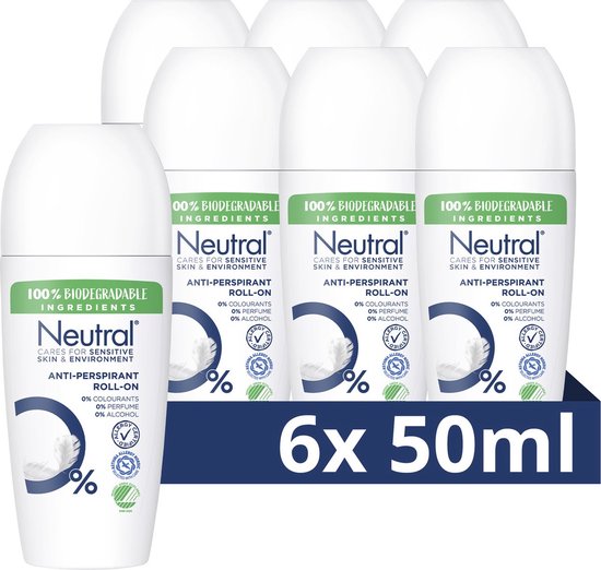 Verpakking van 6 Neutral anti-transpirant roll-ons, elk 50ml, met 0% kleurstoffen, parfum en alcohol.