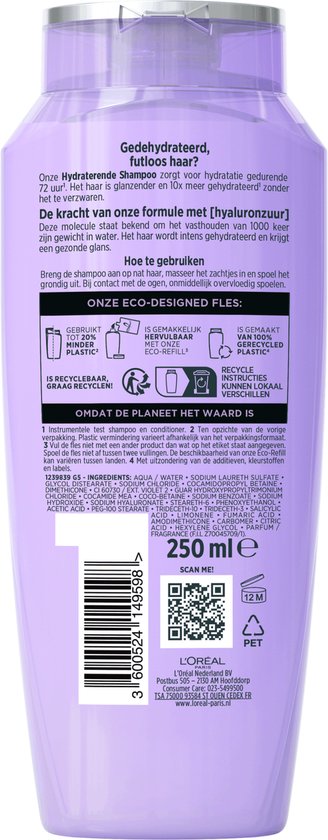 Achterkant paarse fles L'Oréal Elvive Hydra Hyaluronic shampoo met productinformatie.