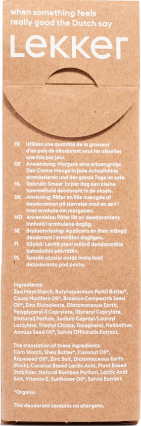 Achterkant kartonnen verpakking met ingrediëntenlijst en meertalige instructies.