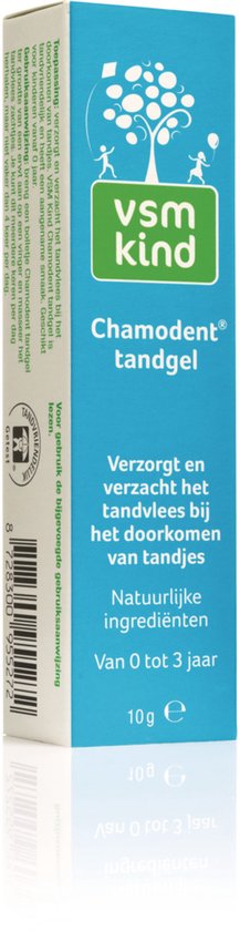 Blauwe doos met opdruk van een boom met kinderen. Tekst: Chamodent tandgel.