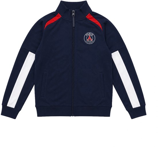 Donkerblauw Paris Saint-Germain trainingsjack met clublogo en rood-witte accenten.