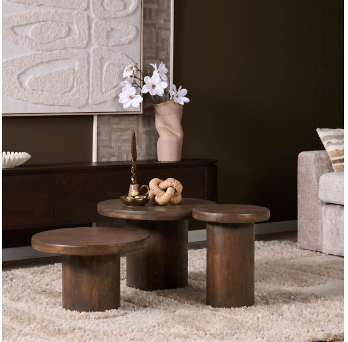 Starfurn Salontafel Maya - Rond Bruin Hout - Set van 3 - 70x70x45cm