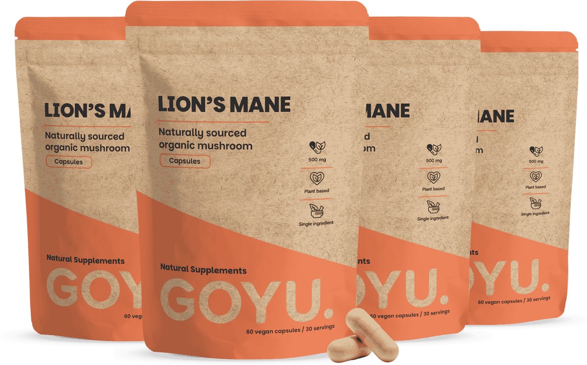 GOYU Lion's Mane 1.500 mg per dagdosering Biologisch Combideal 4x 60 Capsules - Hericium Erinaceus - lions mane capsules - Mushroom mix - Vegan - Zonder toevoegingen - Lab getest - 30 dagen voorraad per zakje