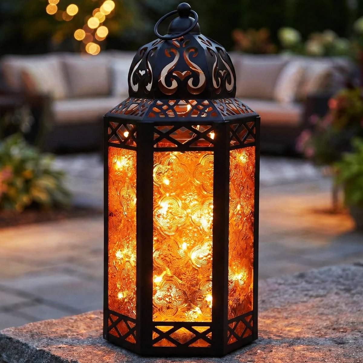 Decoratieve Lantaarn - Sfeerverlichting Glas - Buiten Decoratie - Met Sprookjeslichtjes - 30 cm Hoog - Amber