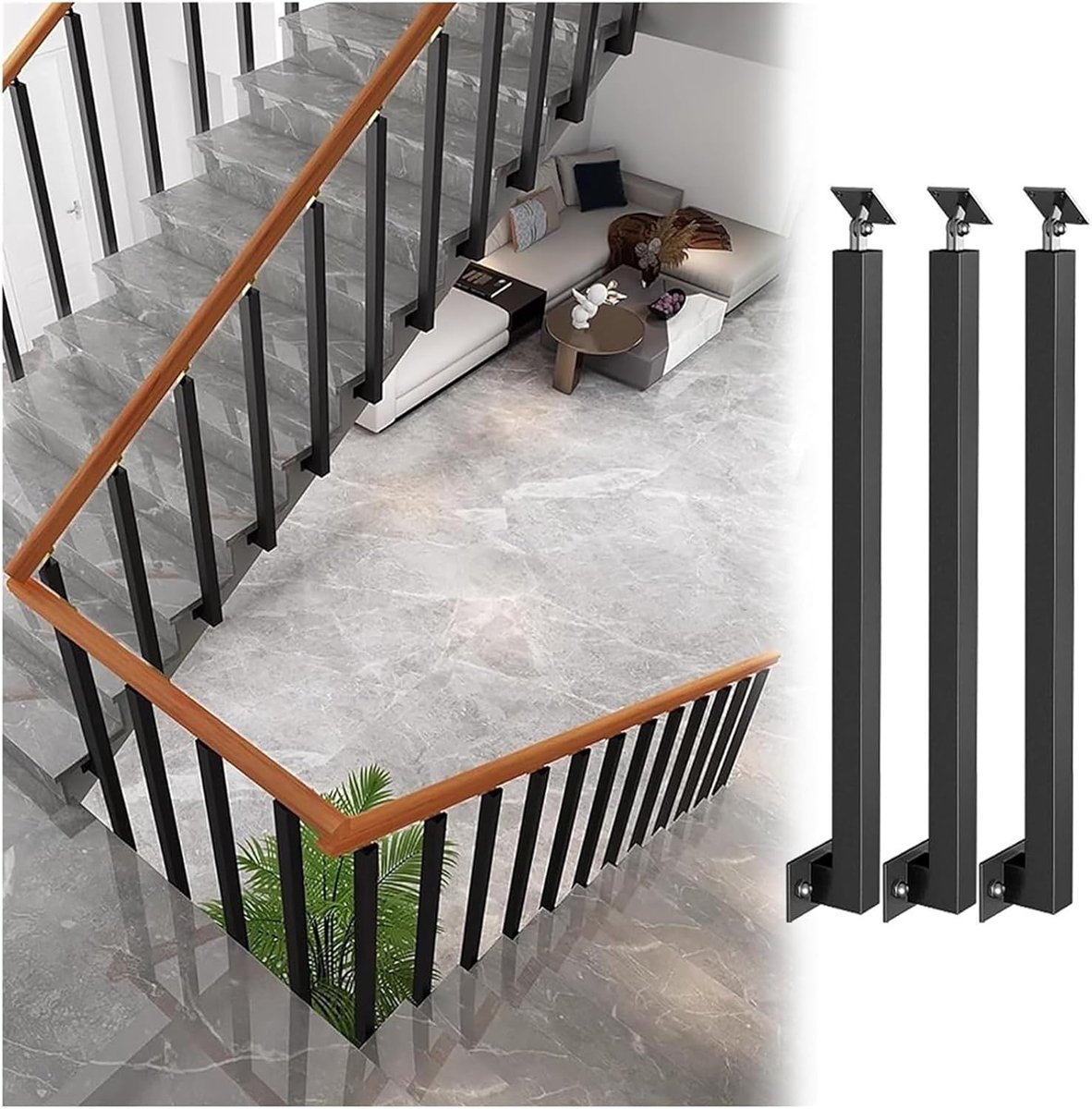 Metalen Trapbalusters - Leuningpalen - Trappen Renoveren - Verstelbare Hoek Beugel - 4x4 cm Paaldiameter - Zwart