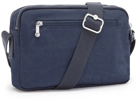 Donkerblauwe Kipling schoudertas met verstelbare band, ritsvak aan de achterkant en zilverkleurige details.