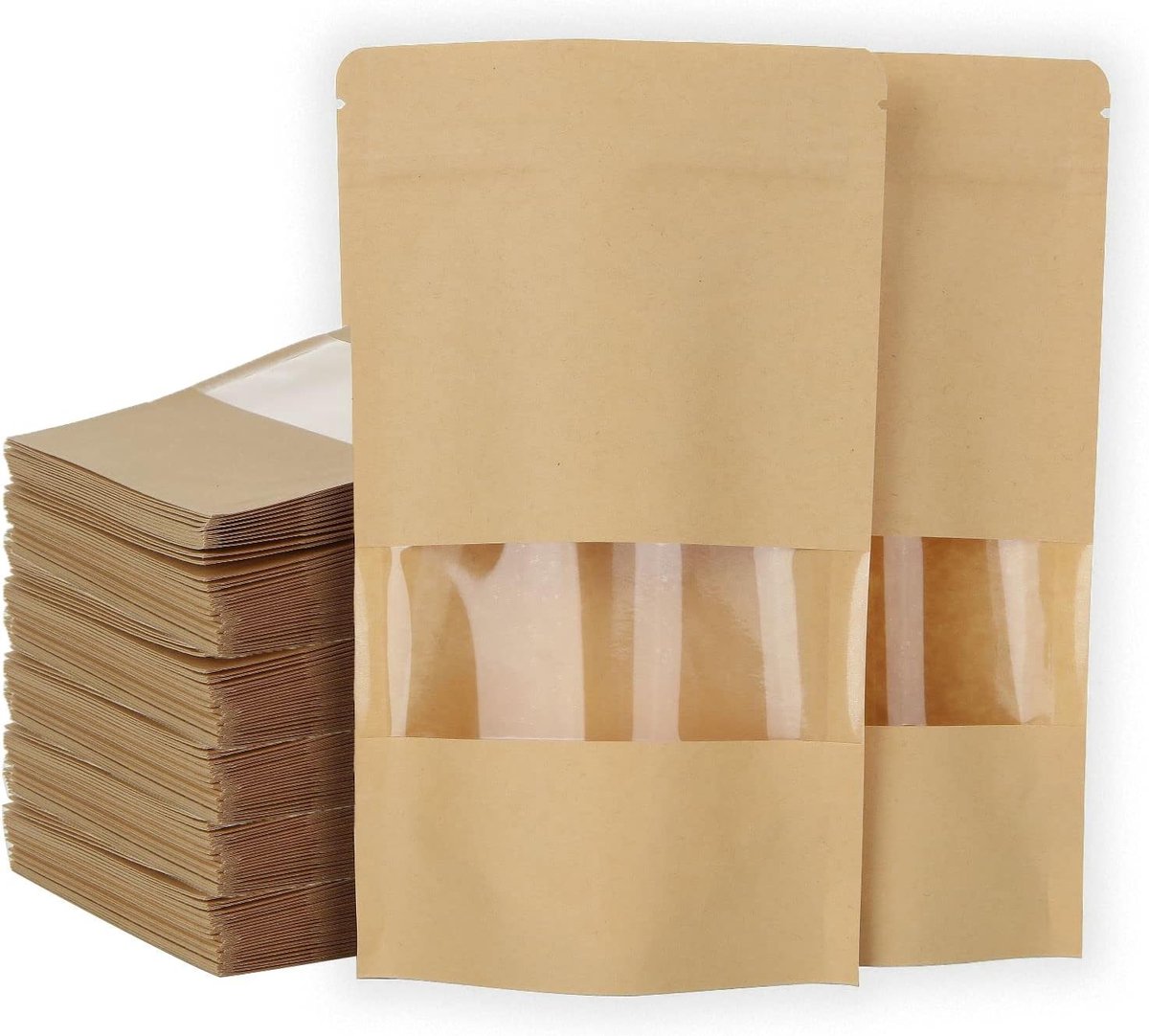 200 Stuks Resealable Tassen 12x20cm met Venster | Voedselzakken, Staande Tassen, Kraft Papieren Doypack voor Snoep en Koffie