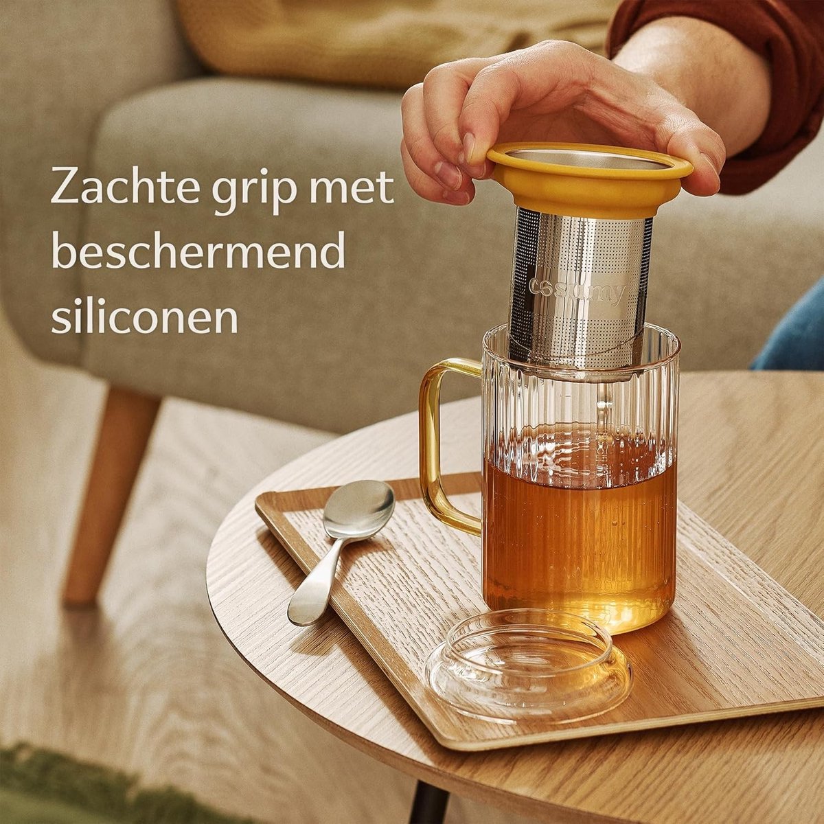 Theekop met Deksel en Filter 450ml - Borosilicaatglas - Hittebestendig - RVS Zeef - Voor Theeliefhebbers