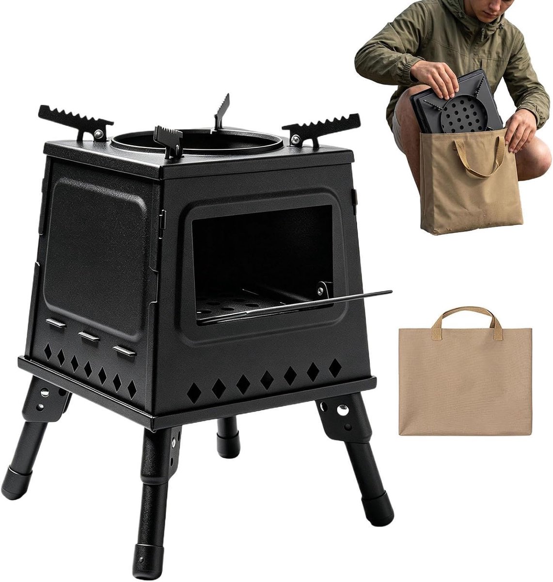 Draagbare Houtkachel - Buiten Kookbrander - Outdoor Koken - Snelle Opwarming - 22 x 22 x 14 cm - Zwart