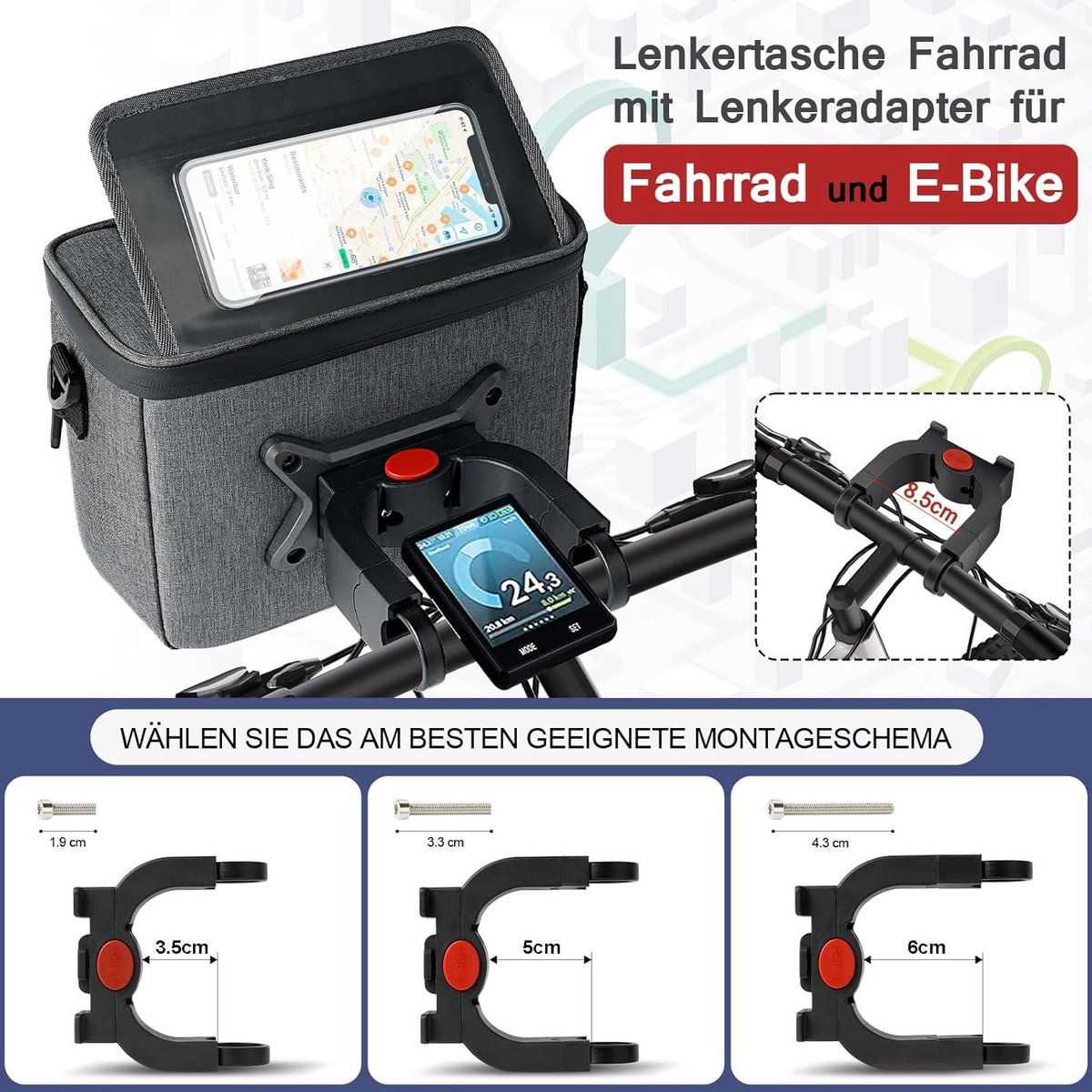 Stuurtas Fiets - Waterdicht Polyester - Met Afneembare Schouderriem - Voor Fietsen en E-Bikes