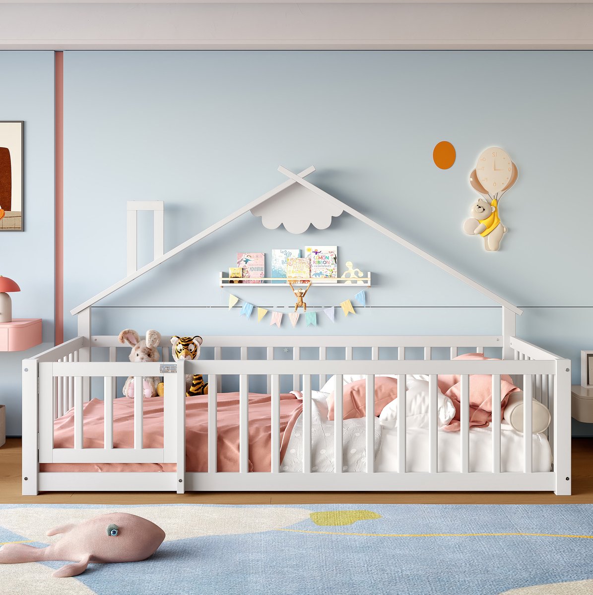 MEUNIQ Kinderbed huisbed 90x190 cm met veiligheidsrail en vergrendelbaar hekje, grenenhout en MDF, eenpersoons bedframe voor kinderkamer, wit