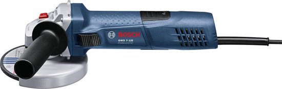 Blauwe en zilverkleurige haakse slijper van Bosch Professional met een zwarte handgreep en een schijf.