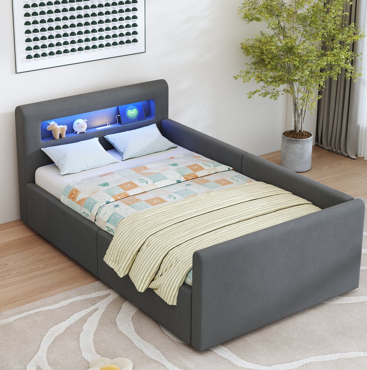 MEUNIQ kinderbed 90x200 cm met LED-verlichting, nachtlamp, USB-aansluiting en hydraulische opbergruimte, eenpersoons bed met zijrugleuning, donkergrijs