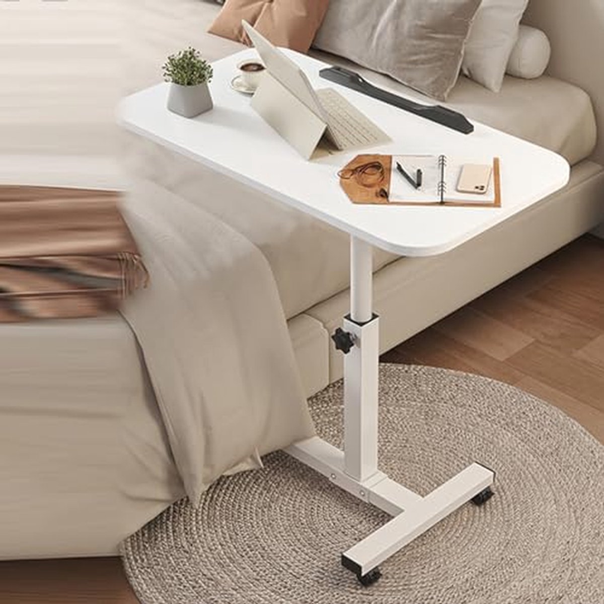 Bureau met wielen - Bedtafel Laptoptafel - Comfortabel werken - In hoogte verstelbaar - 55 x 32 cm - Wit