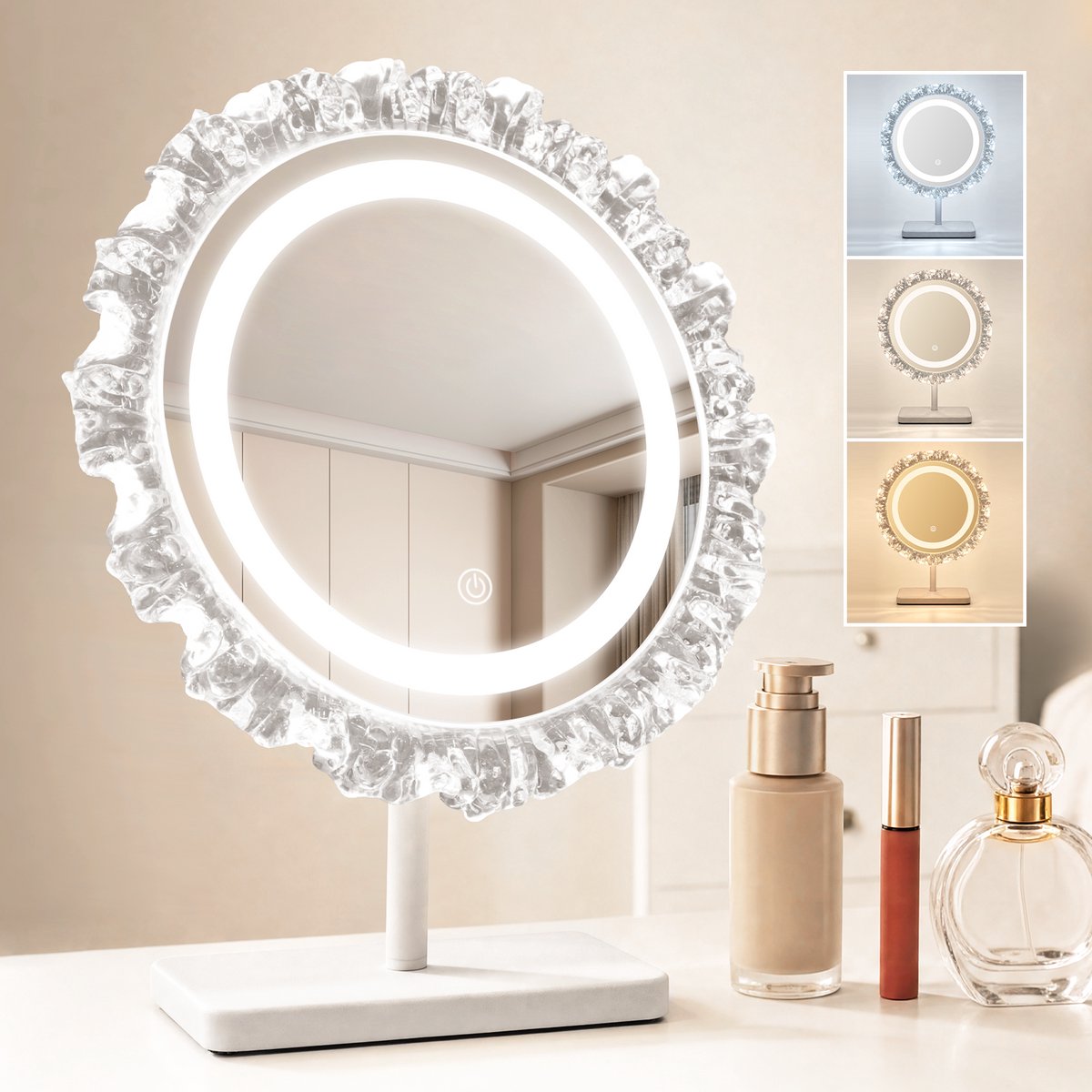 NETTLIFE Ronde Schminkspiegel met Verlichting - LED Make-up Spiegel - 30x38 cm - Tafelspiegel - Kosmetiekspiegel - voor Badkamer | Slaapkamer | Kleedkamer