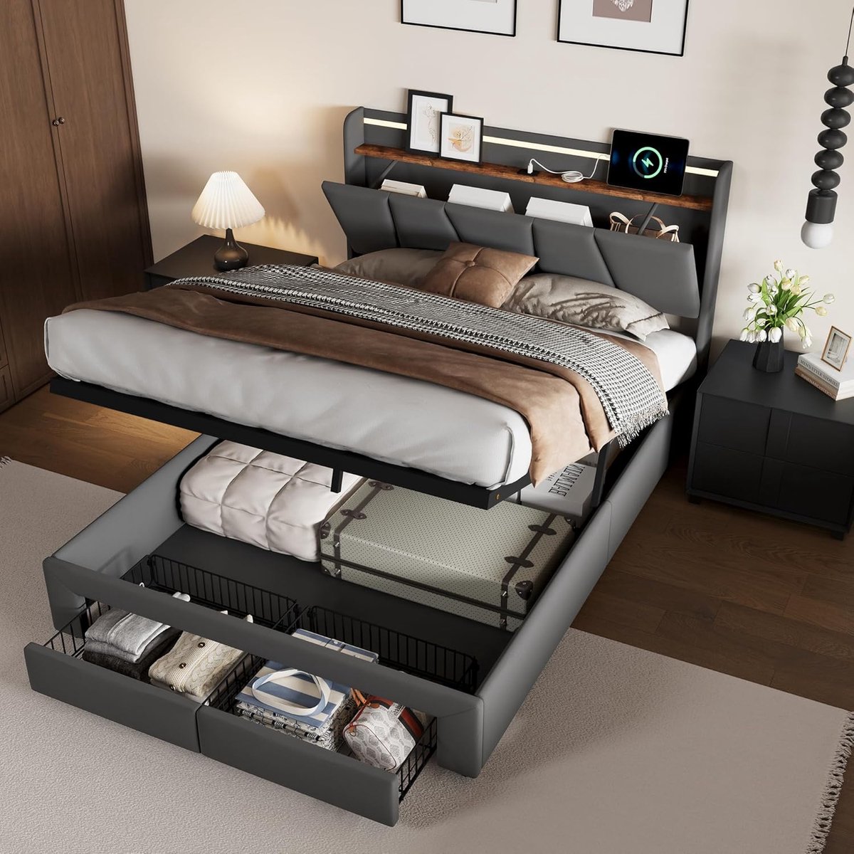 Gestoffeerd Bed - Tweepersoonsbed Frame - Opbergen en Laden - Met LED en USB - 140 x 190 cm - Grijs