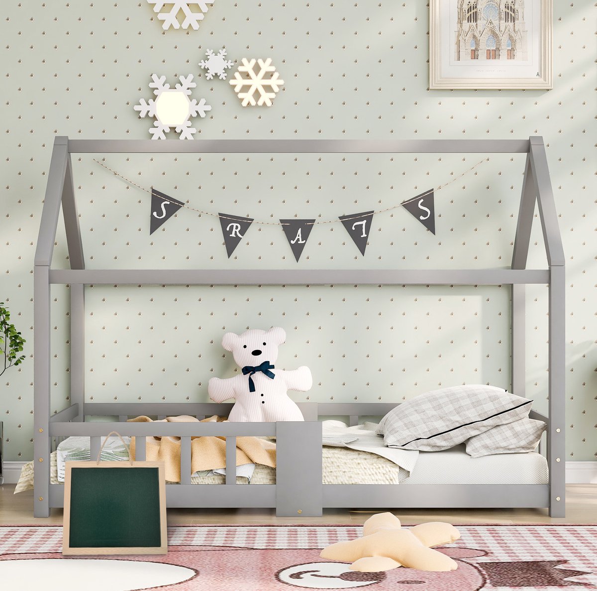 MEUNIQ Kinderbed huisbed 90 x 200 cm met lattenbodem, uitvalbeveiliging en krijtbord, grijs houten bedframe voor kinderkamer, zonder matras