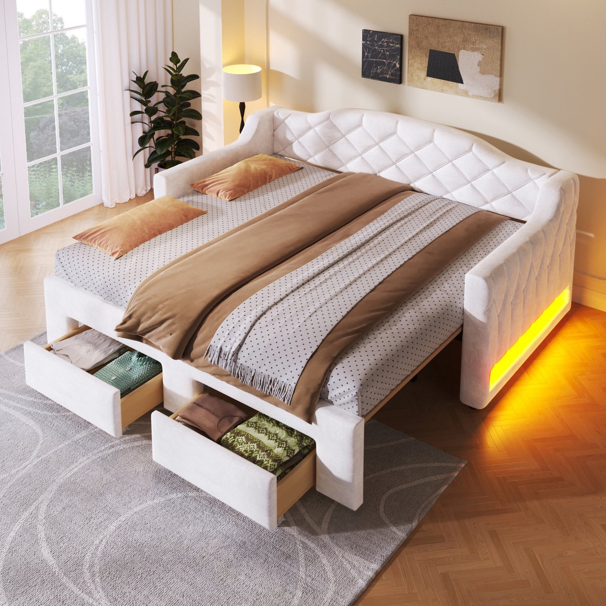 MEUNIQ bedbank 90x200 cm uitschuifbaar tot 180x200 cm met 2 lades, LED-verlichting, gestoffeerde rugleuning en armleuningen, wit