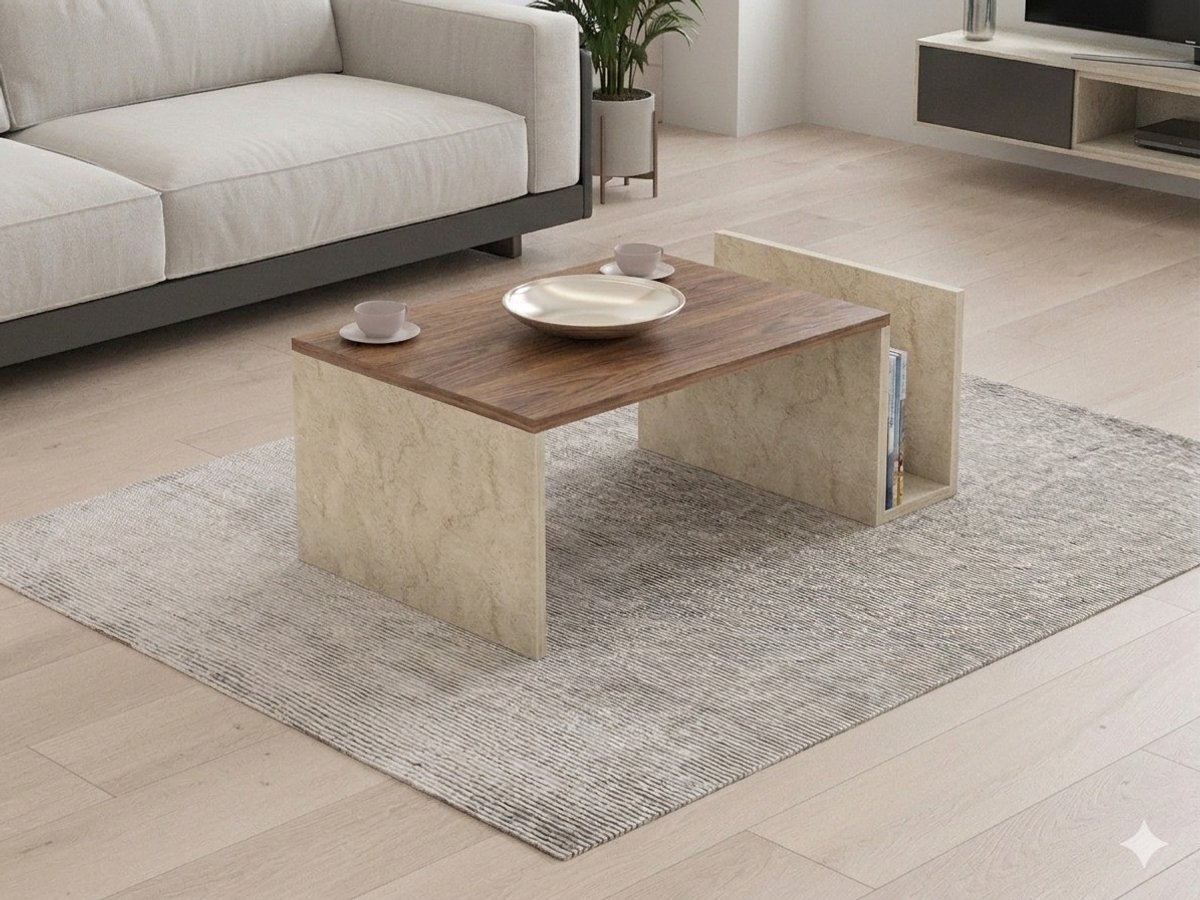 Asir - Salontafel - Travertijn en Venezia Walnoot - 86,8 x 50 x 32,4 cm