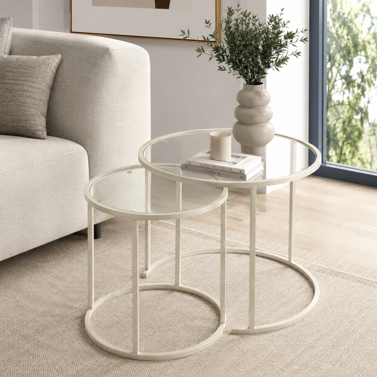 Skye Decor , Glazen salontafelset, Beige-Trs-60-42-Nrd-Srk, Gehard glas, Beige, 60 x 60 x 43 cm