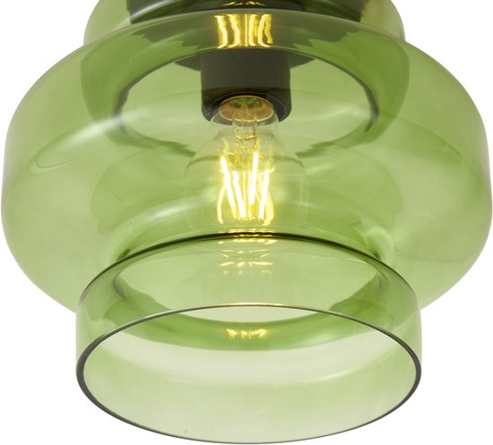Gedetailleerde weergave van de onderkant van de groene glazen plafondlamp, met een zichtbare lichtbron.