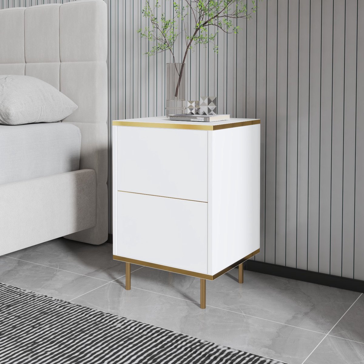 Skye Decor , Nachtkastje, Imaj - White, Gold, Gemelamineerde spaanplaat, Wit & Goud, 40 x 35 x 60 cm
