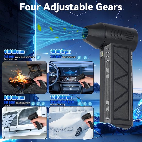 Persluchtblazer - 150.000 toeren per minuut, met LED-verlichting, 8000 mAh oplaadbare batterij, 4 instelbare snelheden, mini-blazer voor toetsenbord, computer, camera, auto, huis, 5 mondstukken — afbeelding 4