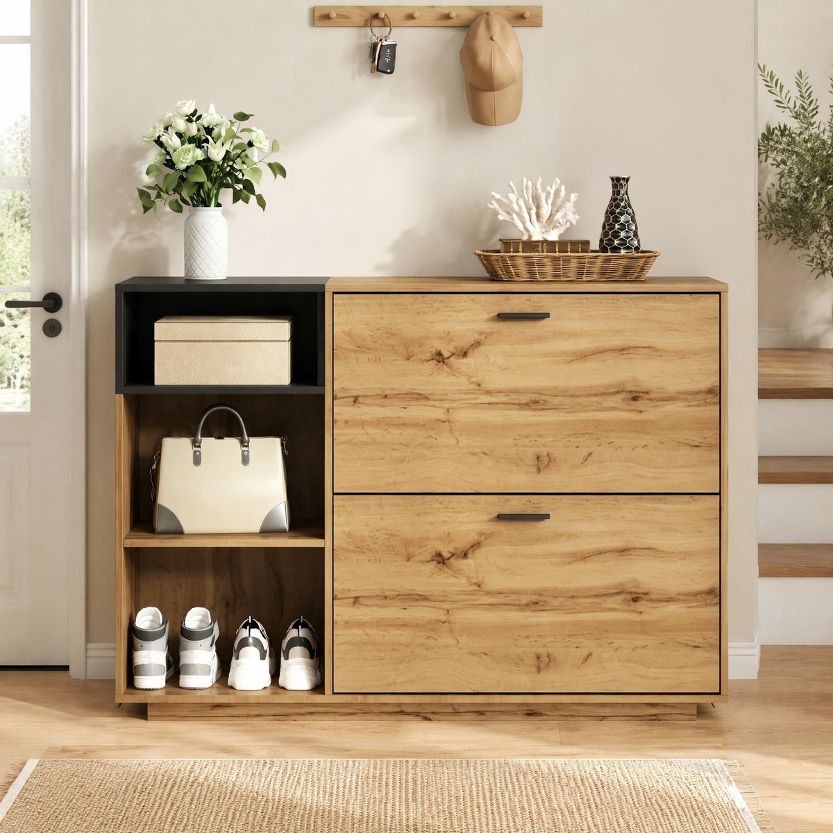 STILVORA Schoenenkast - 3 Open Vakken En 2 Klepvakken - Voor Hal En Entree - MDF In Natuurlijke Houtkleur Met Zwart - 120x32x84,5 Cm