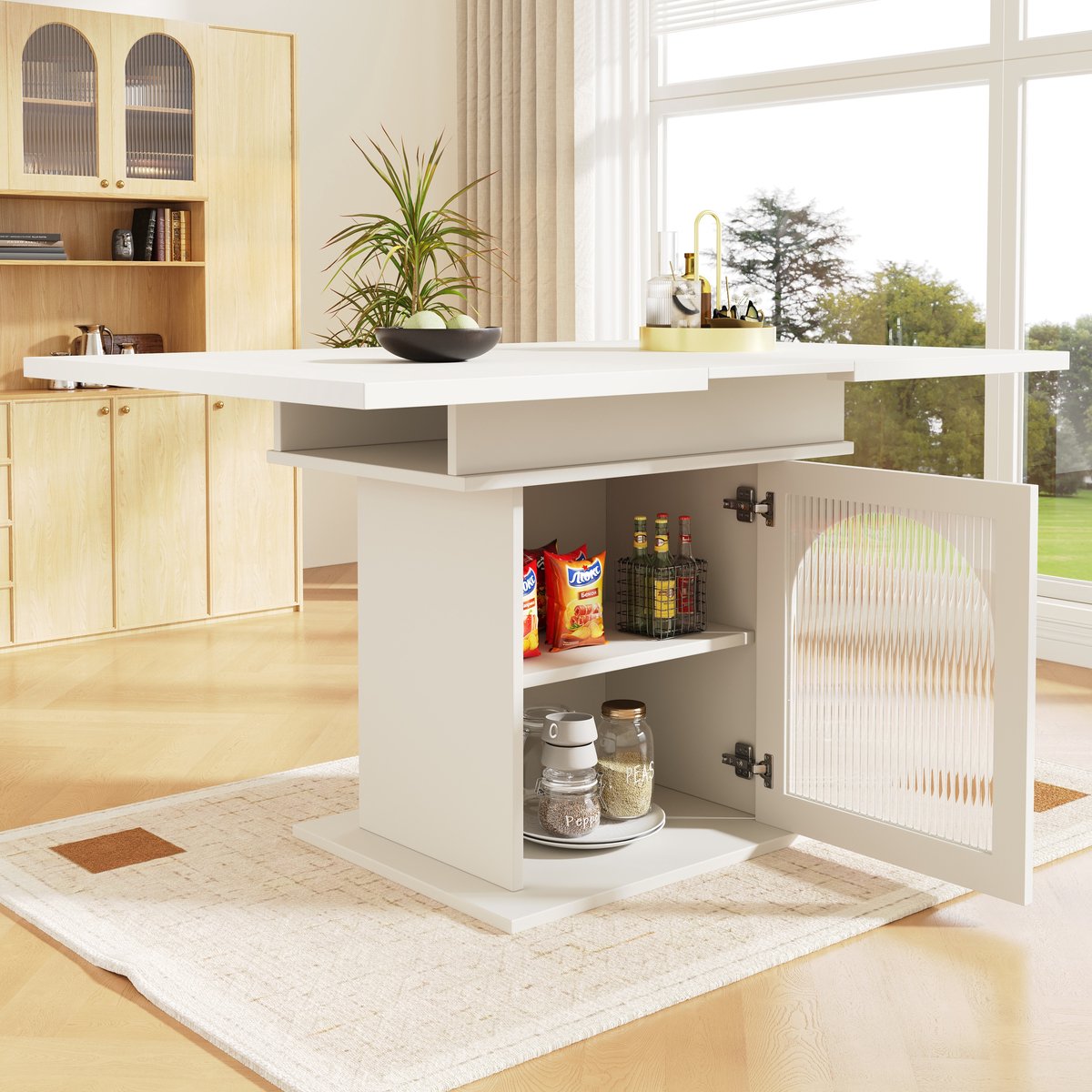 Intebiki Uitschuifbare eettafel (140×80 cm) - keukentafel met opbergplanken - Eettafel met drie planken - Geschikt voor keuken en woonkamer - wit