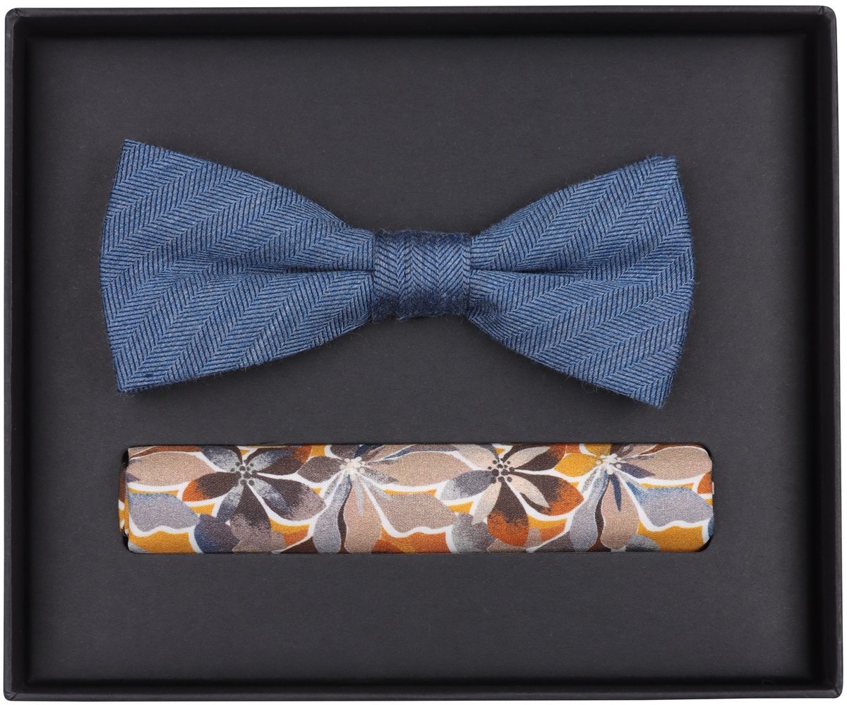 VENTI set met vlinderdas en pochet - blauw met wit dessin