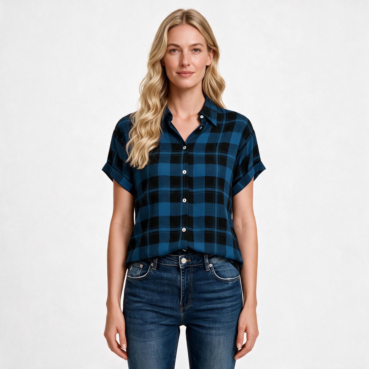 Imily Bela Dames Geruite Blouse met Korte Mouwen
