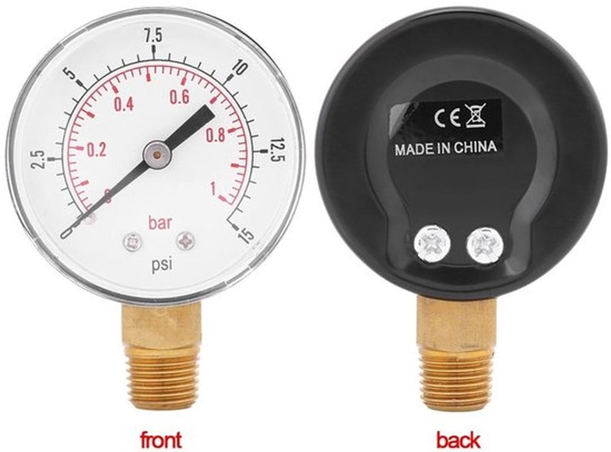 Manometer 0-15psi/0-1bar - Mini Drukmeter - Dubbele Manometer - Geschikt voor Lucht/Water/Olie - 1/4" BSPT Aansluiting - Compact en Lichtgewicht