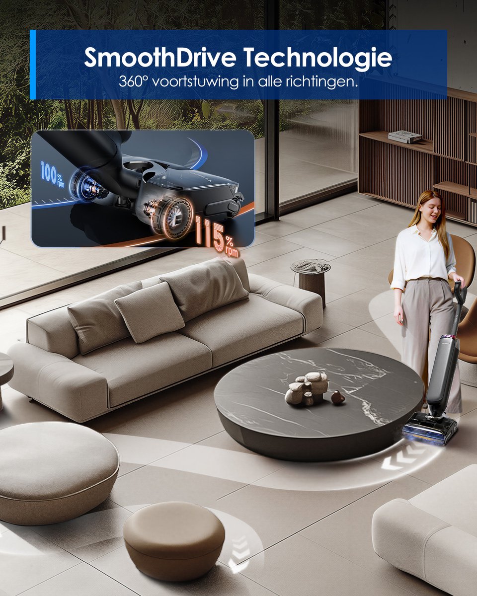 Tineco Floor One S9 Artist Steam Pro – Stoom- & Natdroogreiniger – 160°C - One Step Auto Water hervulsysteem - 5L Water tank - 360° SmoothDrive - DualBlock Anti-Tangle - 85℃ Sneldroog - 90 accu - Triple-Sided Edge schoonmaken - 180° Lay-Flat – foto 7