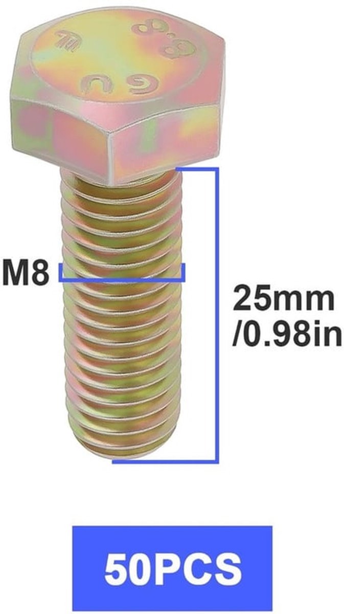 50 Stuks DIN 933 Hex Head Cap Schroeven M8 x 25mm