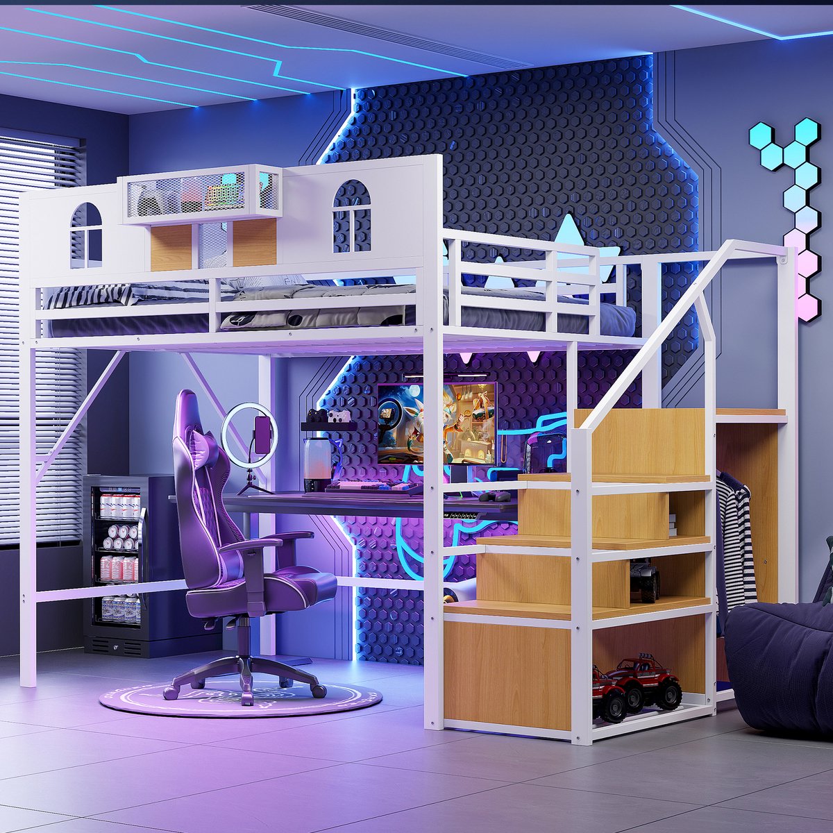Kinderbed, Metalen Hoogslaper 140 X 200 cm, Met Opbergladder En Lichtstrip, Met Opbergvak, Raam, Houten Panelen En Metalen Gaaselementen, Verhoogde Reling, Stevig Metalen Frame-Wit