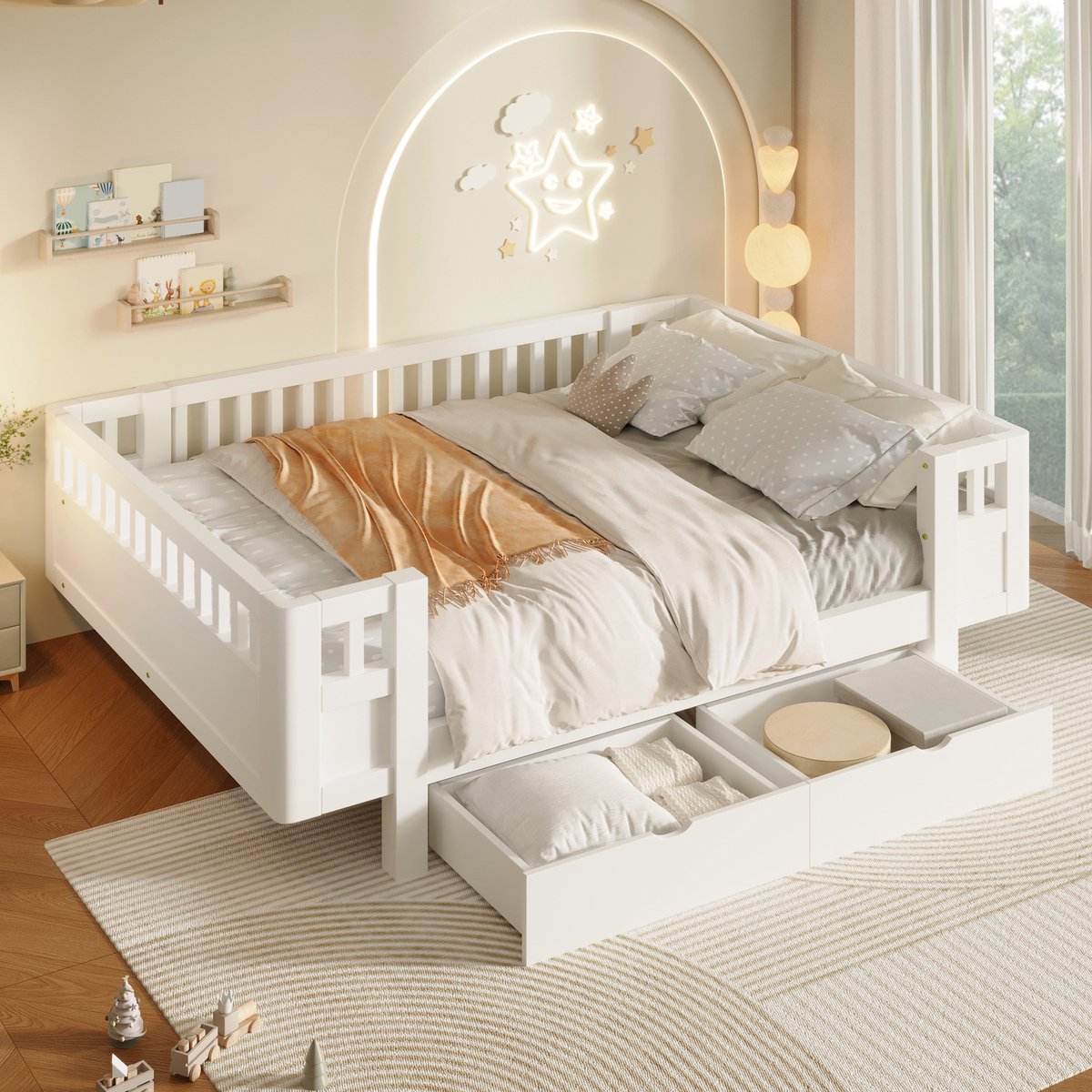 Kinderbed, Platformbed Van 140X200 cm Met Hoge Veiligheidsrail En Twee Grote Lades-Wit