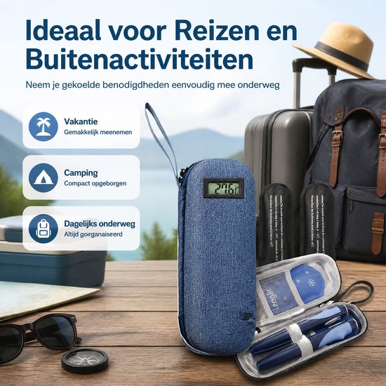 Insuline Koeltasje met Temperatuurweergave - Gekoelde Reisdoos met 2 Koelelementen - EVA Harde Schaal - Isolerende Insuline Etui - Voor Insulinepennen, Reizen en Kamperen - Donkerblauw — afbeelding 5