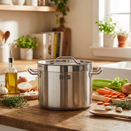 RVS HCB soeppan met deksel op een houten aanrecht, omringd door verse groenten en kruiden.