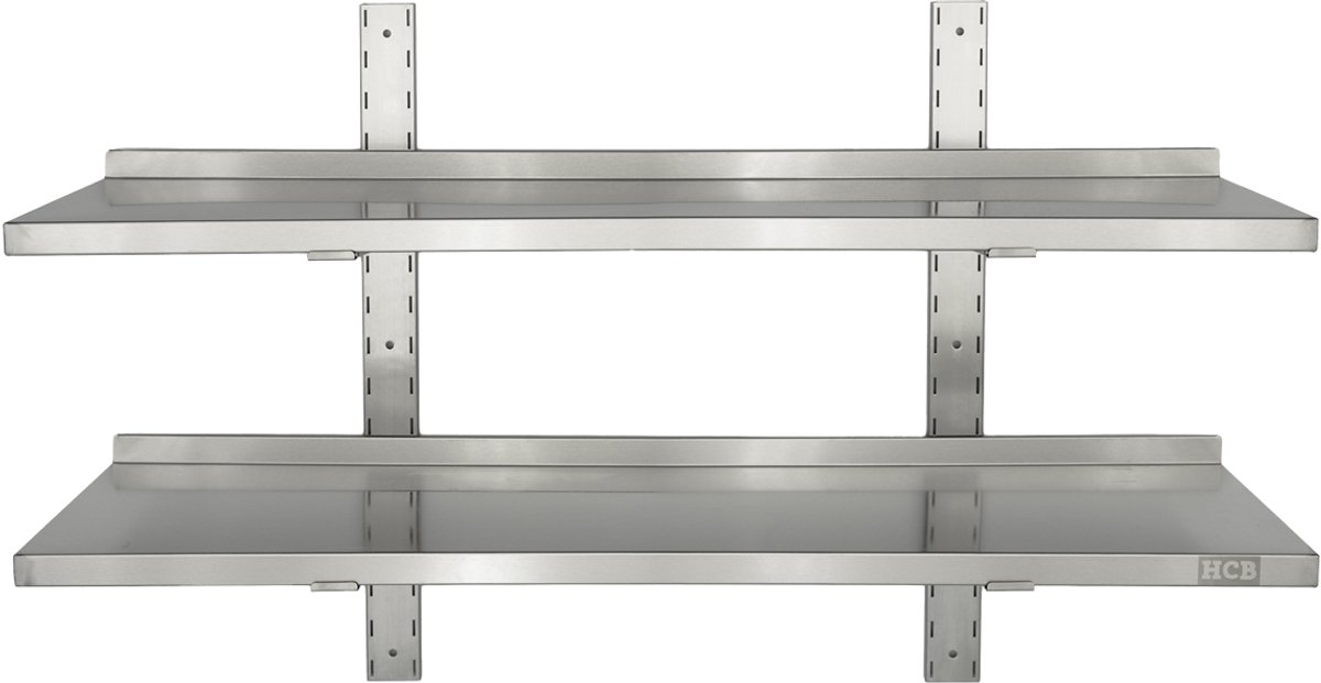 HCB® - Professionele Wandschap van metaal - Dubbel wandschap - RVS / INOX - Muurplank - wandplank - Horeca - 30x100x3 cm (DxBxH) - 15 kg - 8289