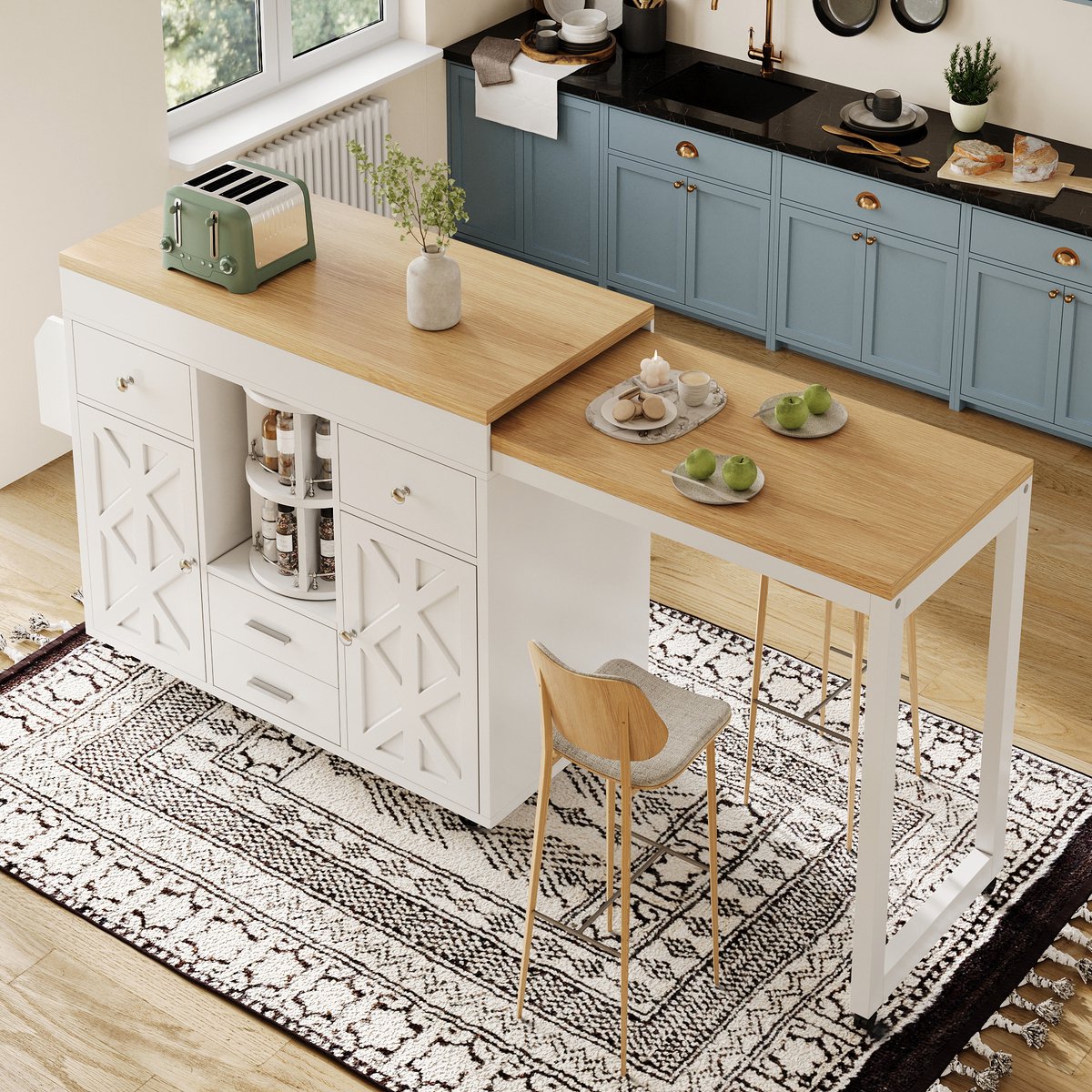 Bartafel - met mobiel ontwerp en uitschuifbaar werkblad en opbergruimte - wit - afmetingen 110 x 40 x 91 cm - voor een praktische keuken