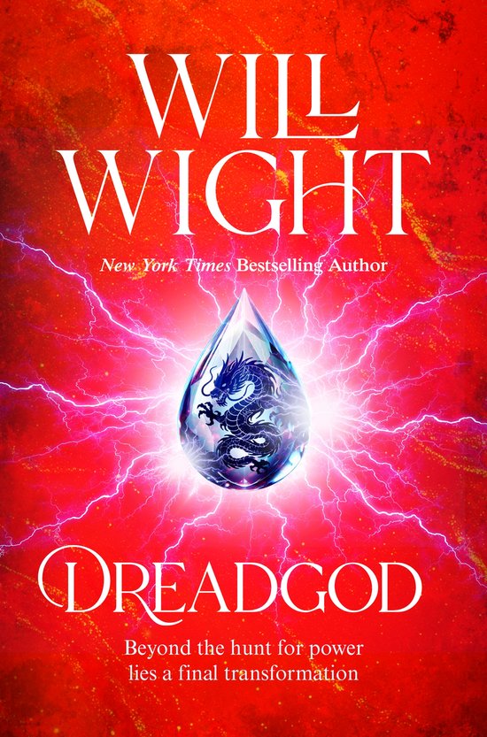 Boekcover met de titel Dreadgod van Wil Wight. Centraal een blauwe druppel met een draak erin, omringd door rode en roze bliksemschichten.