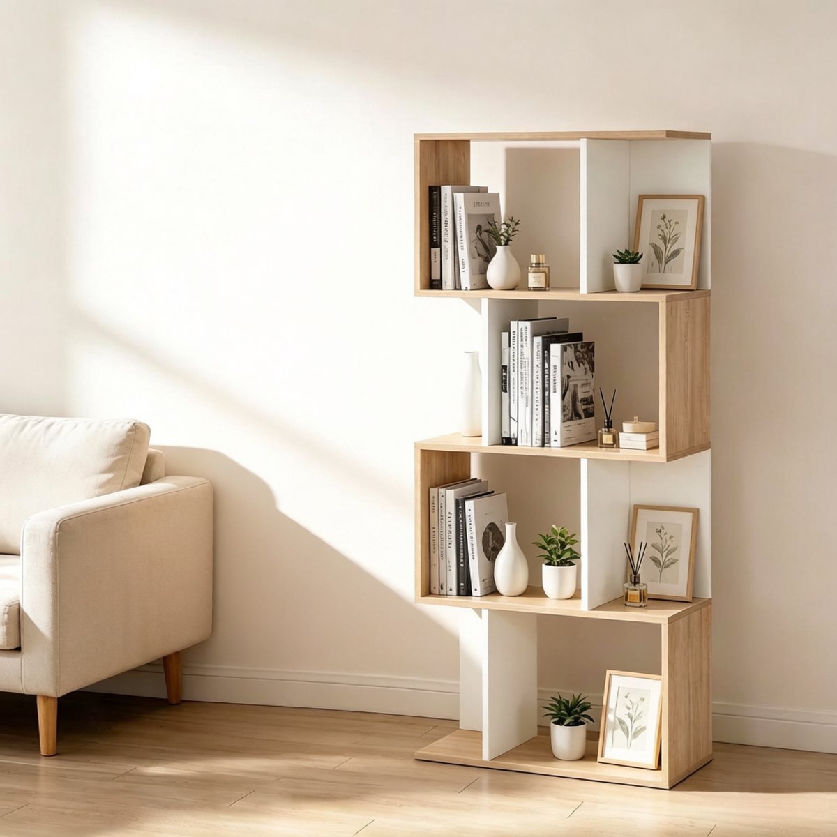 MIVRAY Boekenkast – S-Vormig Open Design – 60 x 24 x 148 cm – Spaanplaat – Naturel Hout Wit – Voor Woonkamer, Slaapkamer En Kantoor