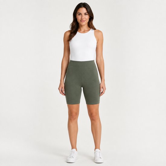 Korte Legging Dames – Biker Short Dames – High Waist Ribbed Sportlegging – Katoen – Olijfgroen – M — afbeelding 4