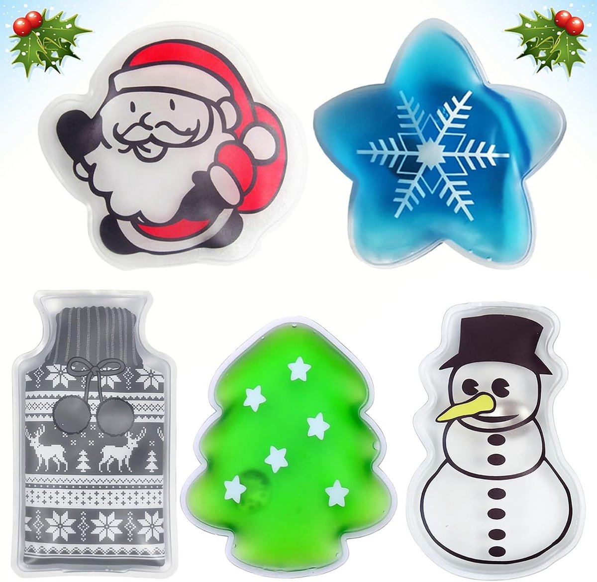 Set van 5 Herbruikbare Handwarmers met Kerstthema - Elk, Kerstboom, Sneeuwvlok, Sneeuwman en Kerstman - Perfect voor Vrouwen en Kinderen, Ideaal voor Koude Dagen