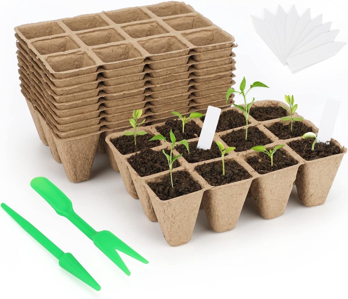 20 Stuks 240 Cellen Vierkante Zaaitrays Biologisch Afbreekbare Fiber Potten met 100 Plastic Plantlabels en Graafgereedschap voor Verplanten, Beige