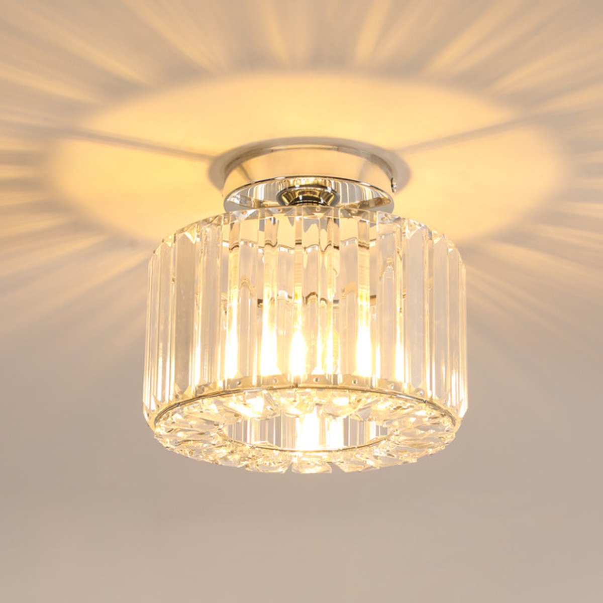 Riserva Plafondlamp modern minimalistisch cilindervormig chroom, kristal + ijzer met glazen kap, E27 fitting max 60W zonder lamp, voor studeerkamer, slaapkamer, woonkamer, eetkamer, keuken