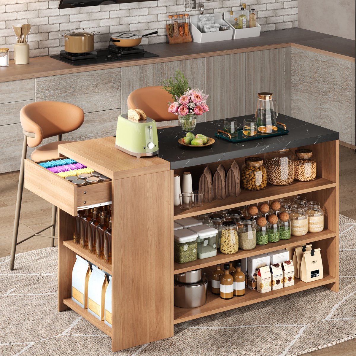 Keukeneiland - met opbergruimte - zwart en naturel - afmetingen 140 x 60 x 90 cm - materiaal mdf - voor een praktische en georganiseerde keuken